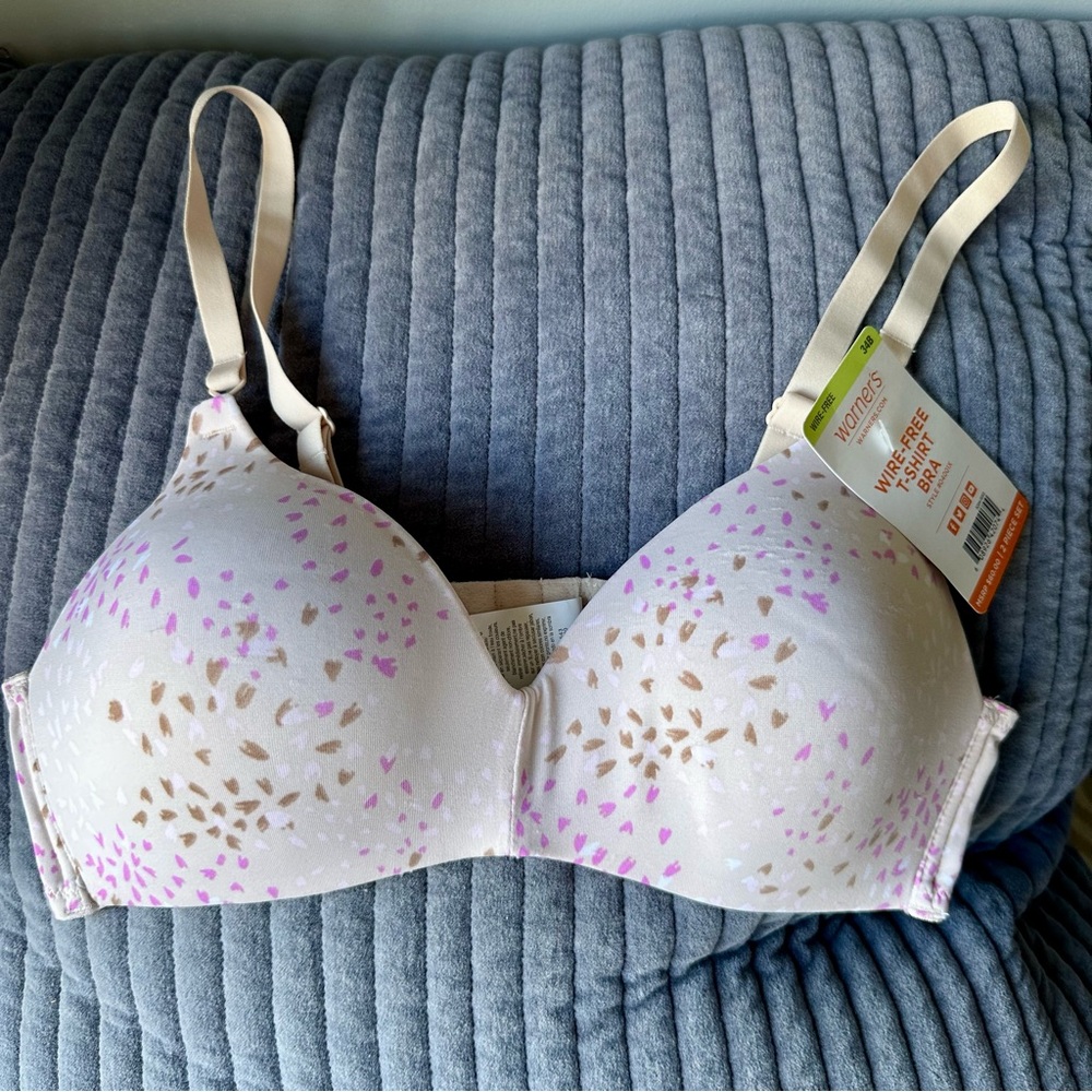 NWT Warner's Cream and Pink Printed Wire Free T-Shirt Bra sz 34B